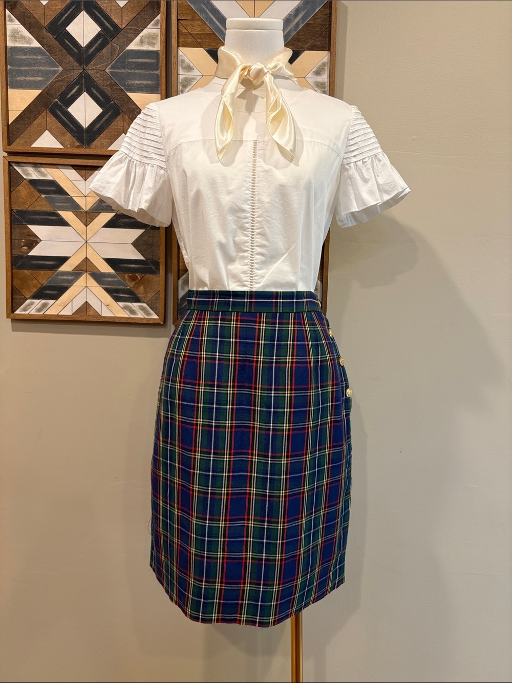 Vintage Ralph Lauren Blue Label Plaid Linen Blend Pencil Skirt with Gold Buttons